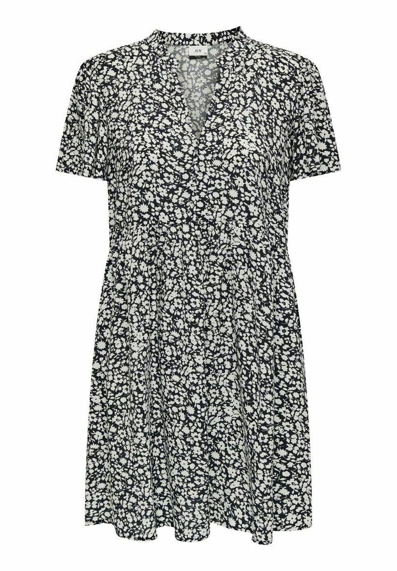 Robe courte à manches courtes en noir et blanc avec encolure en V et petit imprimé floral, taille cintrée et jupe évasée.