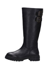 Zwarte leren kniehoog laars met een gestructureerd oppervlak, twee gespen aan de zijkant en een dikke rubberen zool voor grip.