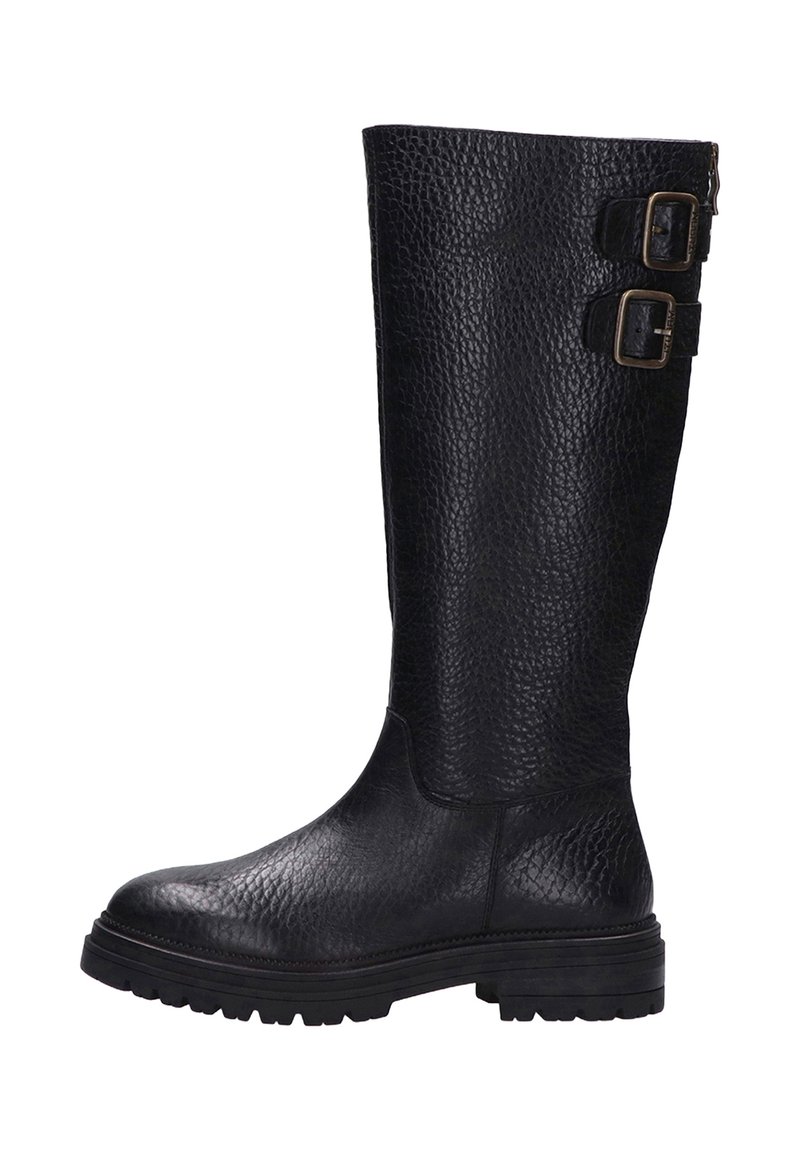 Zwarte leren kniehoog laars met een gestructureerd oppervlak, twee gespen aan de zijkant en een dikke rubberen zool voor grip.