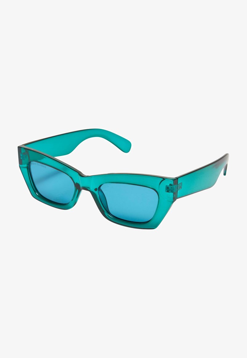 Aqua semi-transparante rechthoekige zonnebril met blauw getinte lenzen. Heeft een gedurfde hoekige vormgeving en dunne, rechte pootjes.