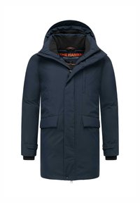 Granatowy wodoodporny parka z kapturem, zamek błyskawiczny z przodu i dwoma przednimi kieszeniami. Posiada ry flowne mankiety i czarne polaru wewnątrz.