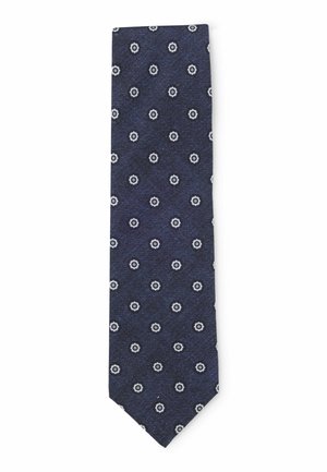 Marineblauer Krawatte aus strukturiertem Stoff, mit kleinen weißen Blumenmustern, die gleichmäßig verteilt sind. Klassisches schmal geschnittenes Design mit spitzem Ende.