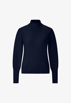 Tumed turtleneck-sviiter, kudumaterjal, sobiv disain, pikad varrukad ribatud mansettide ja äärtega. Lihtne, puhas siluett ilma mustriteta.