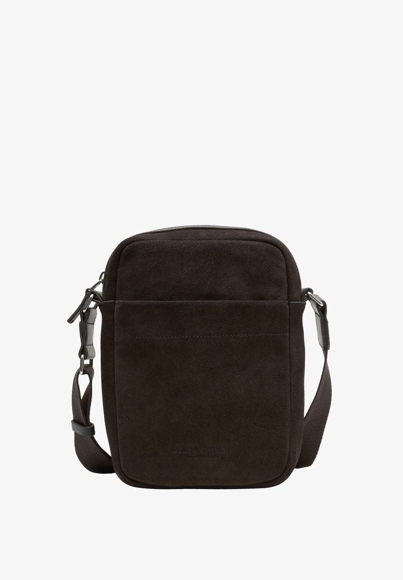 Dark brown suede crossbody bag with a rectangular shape, a zippered top, and an adjustable strap. Front features a small pocket.