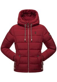 Red padded jacket with a hood, featuring contrasting gray drawstrings, side pockets, and a logo on the chest. Smooth fabric texture.