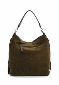 Brown suede hobo bag with a single strap, zippered front pocket, and soft texture. Features side tassels and a spacious interior.