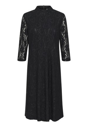 Zwarte jurk tot op de knie met bloemmotief van kant, driekwart doorzichtige kanten mouwen en een hoge halslijn met ritssluiting aan de achterkant.