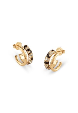 Gold hoop earrings with black accents, featuring clear rhinestones embedded along the edge and a secure closure.