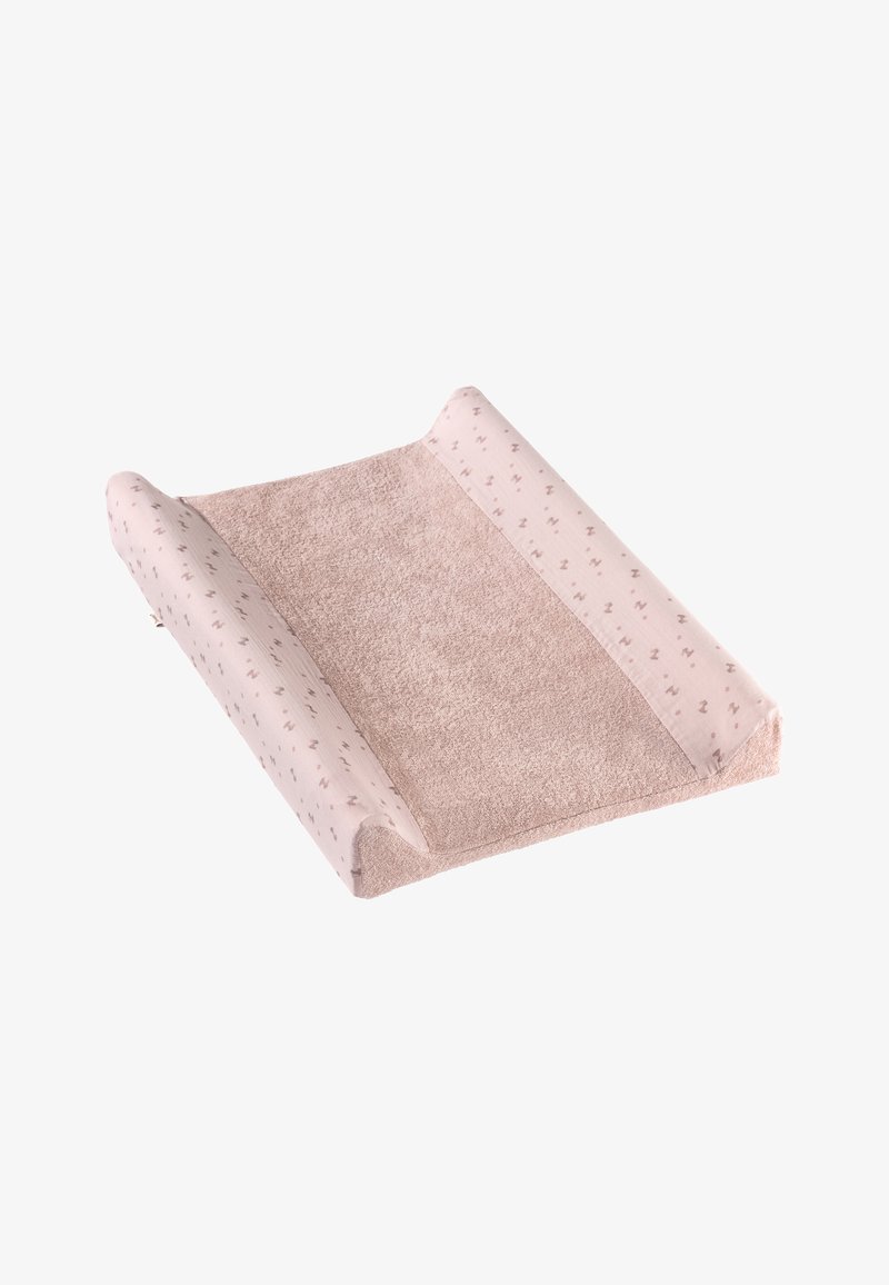 Beige changing mat with raised sides, soft terry texture. Features a light pink fabric with small, subtle sleep-themed patterns.