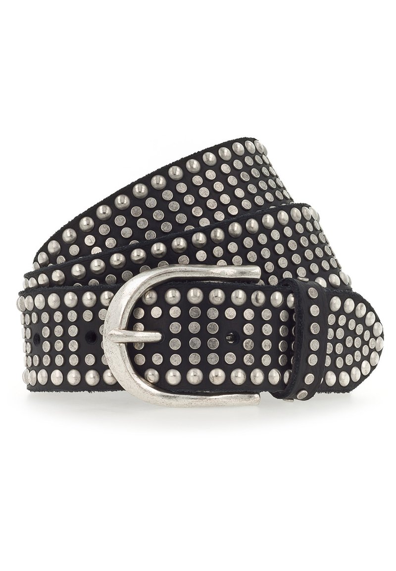 Zwarte leren riem versierd met zilveren metalen studs, met een zilveren gesp. De riem heeft een gestructureerde afwerking en een brede uitvoering.