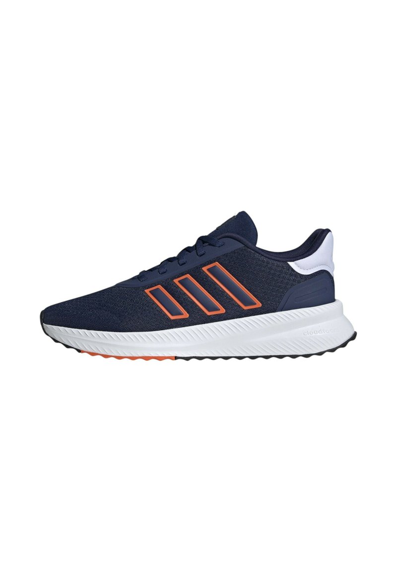 Zapatilla deportiva azul marino con rayas naranjas, suela acolchada blanca, suela exterior negra y acento blanco en el talón, diseñada para correr o hacer deporte.