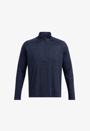 Marineblauer Quarter-Zip-Pullover mit langen Ärmeln aus strukturiertem Stoff, mit einem schwarzen Logo auf der Brust sowie einem gerippten Kragen und Bündchen.
