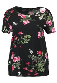 Camiseta negra de manga corta con un patrón floral que presenta flores rosas y blancas, hojas verdes y un cuello redondo.