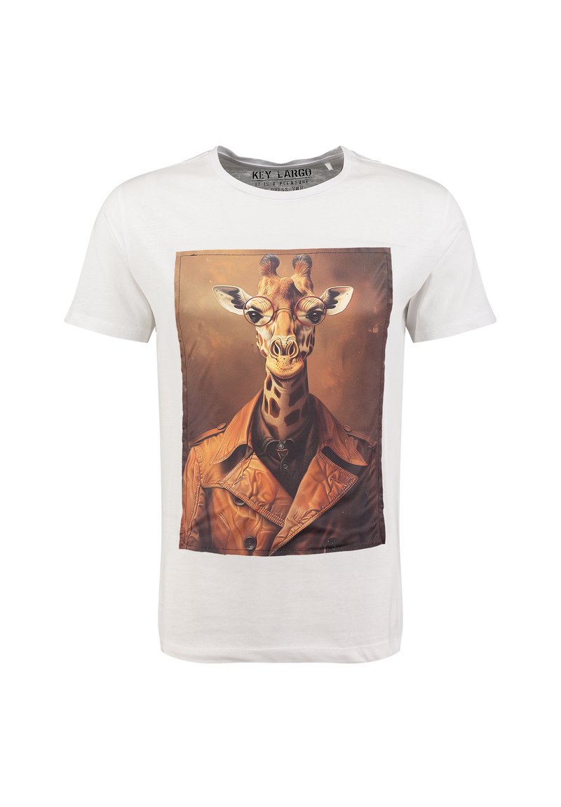 Witte T-shirt met een grafische print van een giraffe die een bril en een bruine leren jas draagt, met een gladde textuur en een ronde halslijn.