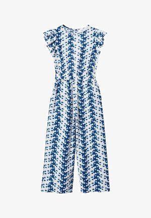 Combinaison sans manches blanche avec des motifs de points bleus irréguliers et une taille cintrée, dotée de jambes larges et d'un col rond.