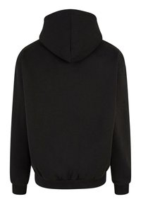 Black hooded sweatshirt, cotton material, relaxed fit, ribbed cuffs and hem, flat, seamless back design, no visible logos or patterns.