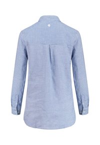 Long-sleeve shirt in blue and white stripes, cotton fabric, button-down collar, back pleat, and buttoned cuffs.
