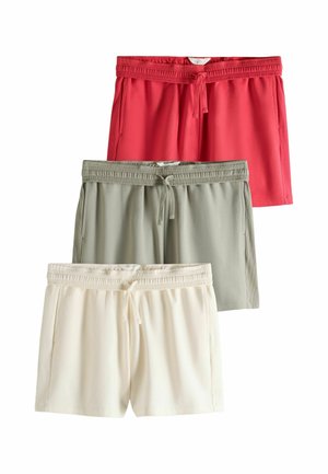 Drei Paar Shorts mit elastischem Bund und Kordelzug in Rot, Hellgrün und Off-White, vertikal auf einem weißen Hintergrund gestapelt.