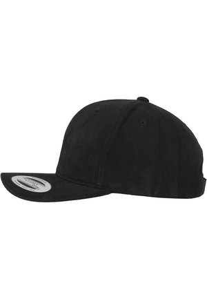 Black baseball cap with a flat brim and structured shape, made of fabric. Features ventilation eyelets and a silver logo patch on the side.