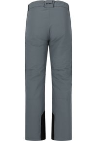 Grijze sneeuwbroeken met een rechte snit, zwarte accenten op de onderbenen en een waterafstotende stof. Kenmerken zijn versterkte stiksels en een tailleband.