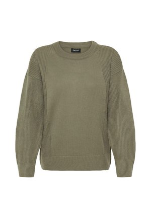 Olive rohelise värvi kootud sviiter ümmarguse kaelusega, millel on tekstuuriga külgpaneelid ja soonikkrae ning alläär, tagades mugava istuvuse.