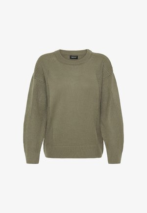 Olive green knitted sweater with a crew neckline, featuring textured side panels and ribbed cuffs and hem for a relaxed fit.