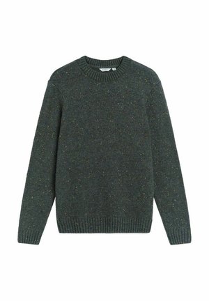 Pull en laine vert foncé avec un col rond, des poignets et un ourlet côtelés. Présente un motif tacheté avec des éclats jaunes et orange.