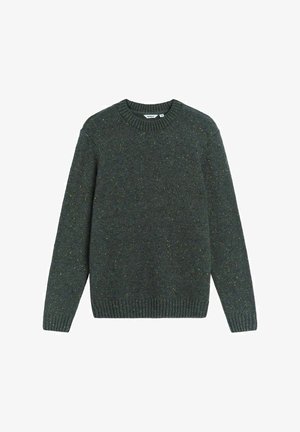 Mörkgrön ulltröja med rund halsringning, ribbade ärmslut och nederkant. Har ett spräckligt mönster med gula och orange fläckar.