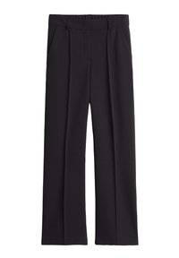 Pantalons larges noirs au tissu lisse, avec un devant plat, deux poches latérales et des plis subtils pour une touche de détail.