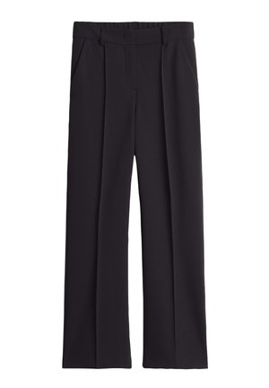 Pantaloni neri a gamba larga con una texture liscia, caratterizzati da un davanti piatto, due tasche laterali e pieghe sottili per un tocco di dettaglio in più.