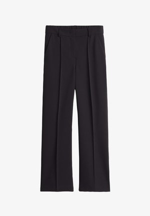 Pantaloni neri a gamba larga con una texture liscia, caratterizzati da un davanti piatto, due tasche laterali e pieghe sottili per un tocco di dettaglio in più.