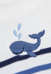 Valkoinen kangas, jossa on tummansinisiä raitoja, esittää sinistä brodeerattua valiota, jolla on vaaleansinisiä vesipurskeita, korostaen tekstuuria ja yksityiskohtia.