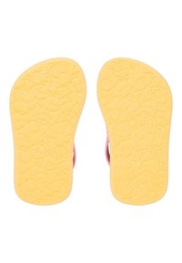 Flip-flops med en rosa rem och texturerade gula gummisulor som har ett blommönster, vilket ger grepp och komfort.