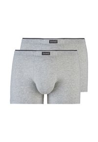 Slip boxer in cotone grigio, confezione da due pezzi, con una borsa arrotondata, fascia elasticizzata con marchio e una texture liscia e morbida.