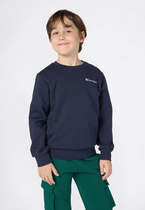 Garçon aux cheveux bruns courts portant un sweat à capuche Champion bleu marine et un pantalon cargo vert, souriant avec les mains détendues de chaque côté.