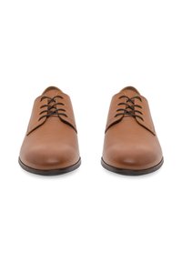 Brown leather dress shoes with black laces, shown from the front, on a white background.