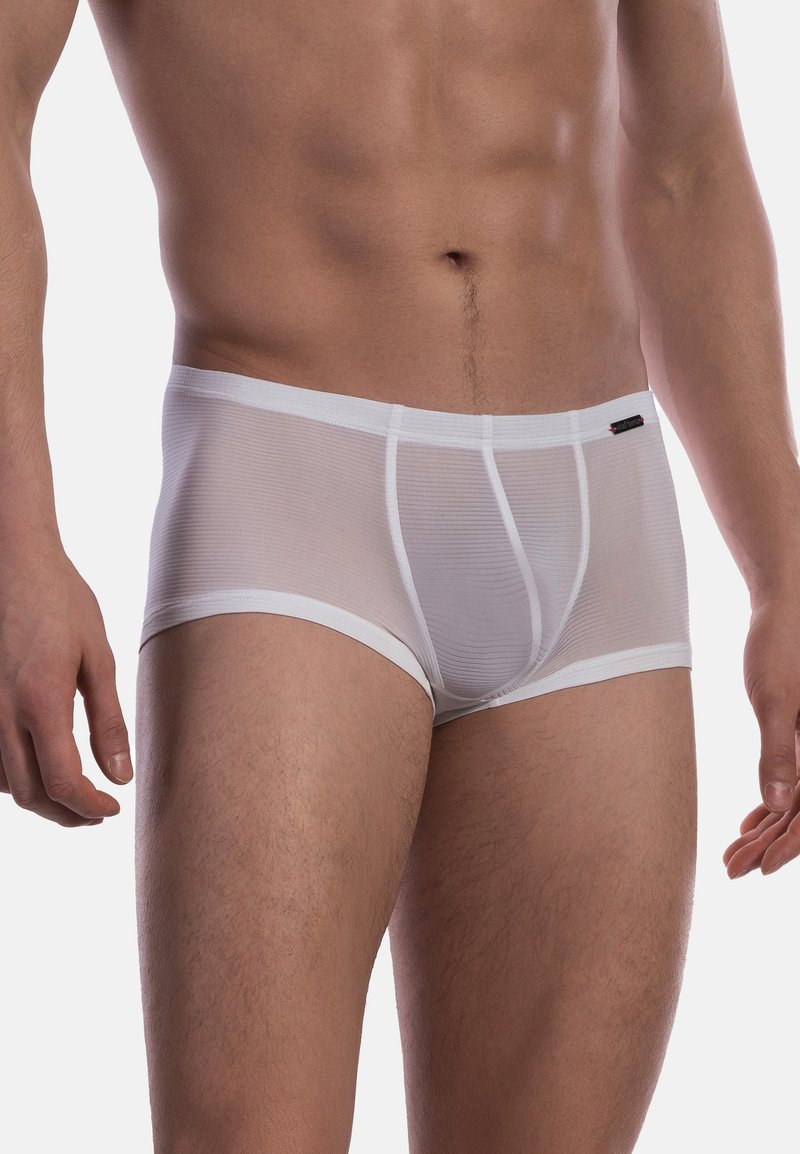 White men's boxer briefs made of sheer, textured fabric. Features include a soft waistband and horizontal striped pattern.