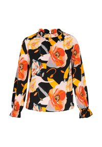 Blommig blus med livliga orange och vita blommor på en svart bakgrund. Volangkrage och långa ärmar med elastiska manschetter.