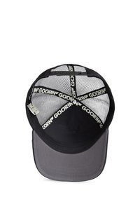 Black and grey baseball cap with a mesh back. Features 'GOORIN' branding on the straps and a solid grey visor. Flat brim design.