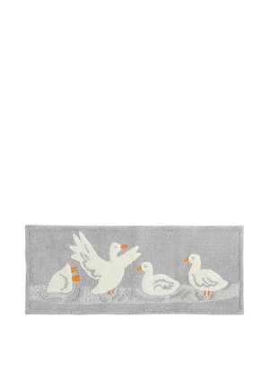 Gray rectangular rug with a white duck family design, including one duck with wings raised and three ducks walking in a row.