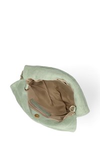 Borsa a tracolla verde in suede con una texture morbida, apertura superiore, rivestimento in tessuto beige e una piccola tasca interna con chiusura a scatto.