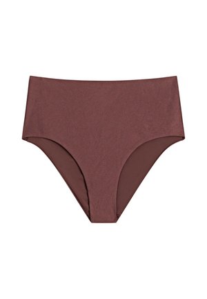 Dół od bikini z wysokim stanem w jednolitym ciemnobrązowym kolorze z gładkiego materiału i pełnym krojem zapewniającym pełne pokrycie.