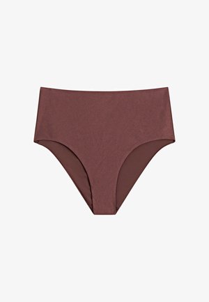 Dół od bikini z wysokim stanem w jednolitym ciemnobrązowym kolorze z gładkiego materiału i pełnym krojem zapewniającym pełne pokrycie.