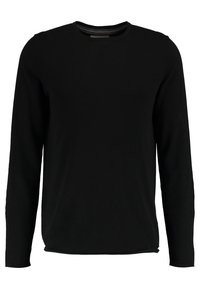 Zwarte langemouwen crewneck trui gemaakt van zachte stof, met een ronde halslijn en een ontspannen pasvorm. Geen zichtbare patronen of accenten.