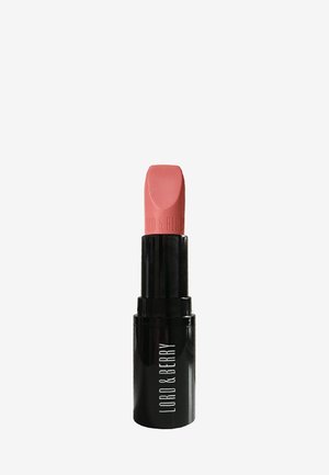 Lipstick in een zwarte tube met een matte afwerking. De lippenstift is een zachte roze tint met een platte bovenkant en geperst merklogo.