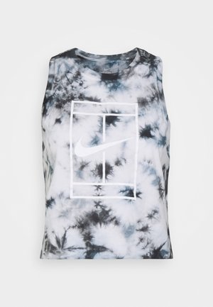 Sleeveless Nike sports top with black and white tie-dye pattern and white tennis court graphic centered on the front.