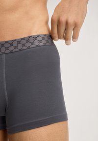 Harmaat boksereiden alushousut, jotka on valmistettu sileästä kankaasta. Vyötäröllä musta-harmaa kuvioitu resori, ja reunoissa ommellut yksityiskohdat.