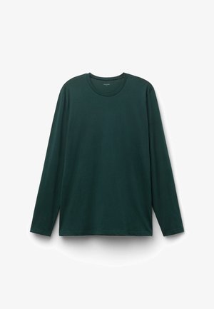 Koszulka z długim rękawem w ciemnozielonym kolorze, wykonana z bawełny, z okrągłym dekoltem, prostym dołem i bez widocznych wzorów czy elementów metalowych.