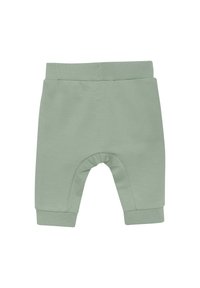 Ljusgröna bomulls-joggingbyxor med gathered midja och ankelfållar, med en mjuk textur och inga ytterligare mönster eller accent.
