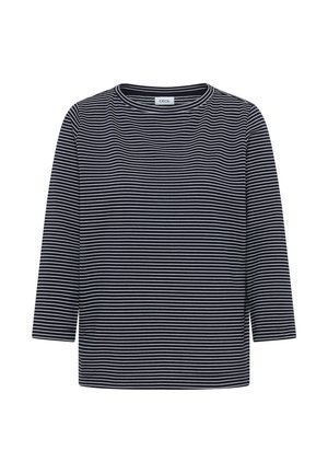 Chemise à manches longues rayée bleu marine et blanche avec un col rond et une coupe décontractée. Fabriquée en tissu doux, elle présente des rayures horizontales et un design simple.